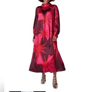 CROSBY by Mollie BurchRyder Satin Ruched Tie Back Mock Neck Long Blouson Dress